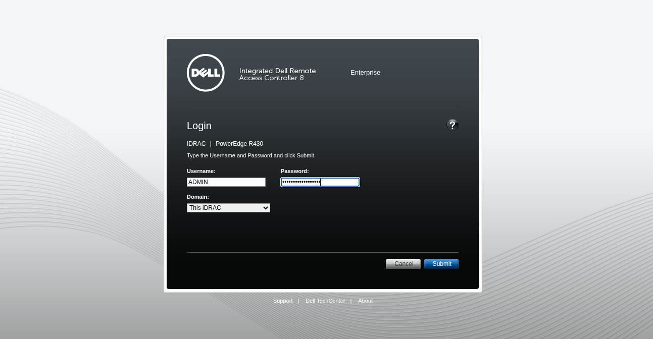 Dell iDRAC login screen